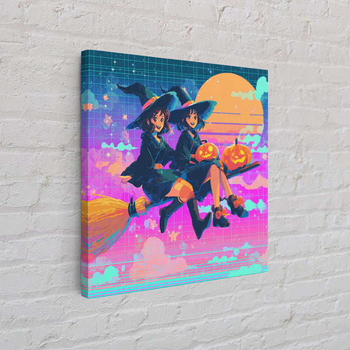 The Twin Broomstick Witches, Vaporwave Halloween Decor, Square Wall Art, Canvas Print, Retro Halloween Decor, Neon Wall Art