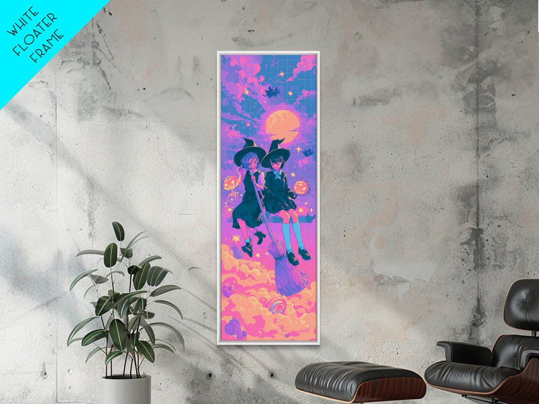 The Twin Broomstick Witches, Cute Spooky Neon Art, Tall Narrow Wall Art, Canvas Print, Retro Halloween Decor, Neon Wall Art