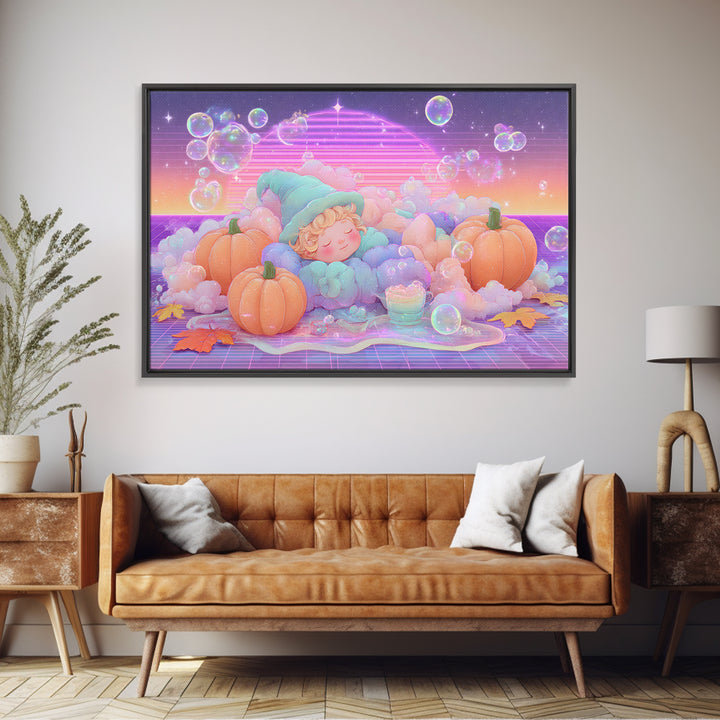 The Bubble Potion Apprentice, Synthwave Halloween Art, Landscape Wall Art, Canvas Print, Retro Halloween Decor, Neon Wall Art