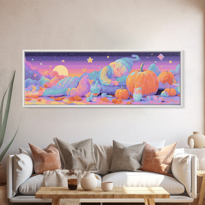 The Bubble Potion Apprentice, Vaporwave Halloween Decor, Extra Wide Wall Art, Framed Canvas Print, Retro Halloween Decor, Neon Wall Art