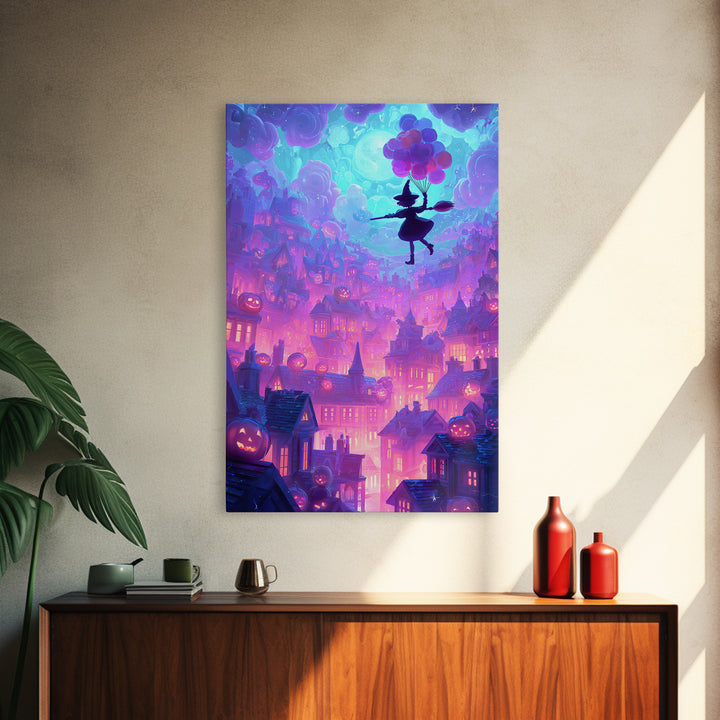 The Witch With A Balloon Broom, Cute Spooky Neon Art, Vertical Wall Art, Framed Canvas Print, Retro Halloween Decor, Neon Wall Art