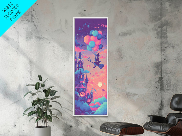 The Witch With A Balloon Broom, Vaporwave Halloween Decor, Tall Narrow Wall Art, Canvas Print, Retro Halloween Decor, Neon Wall Art