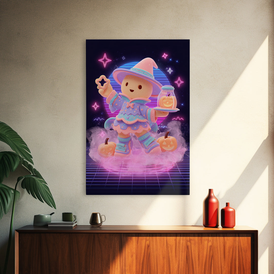 The Cookie Spellcaster, Cute Spooky Neon Art, Vertical Wall Art, Canvas Print, Retro Halloween Decor, Neon Wall Art, Collectible Wall Decor