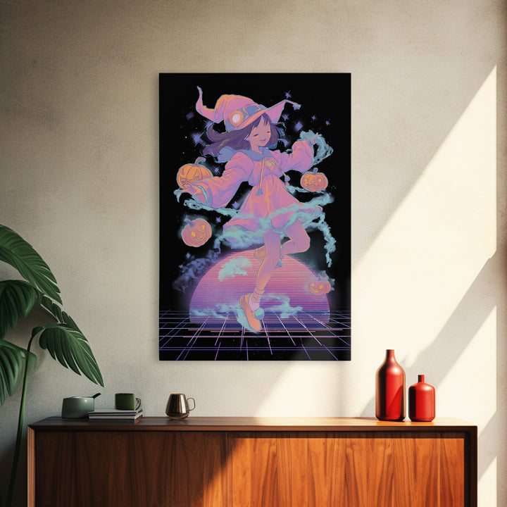 The Moonlight Pajama Witch, Vaporwave Halloween Decor, Vertical Wall Art, Canvas Print, Retro Halloween Decor, Neon Wall Art