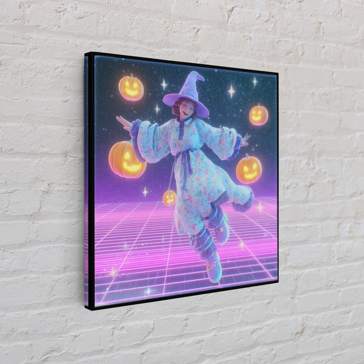 The Moonlight Pajama Witch, Synthwave Halloween Art, Square Wall Art, Canvas Print, Retro Halloween Decor, Neon Wall Art
