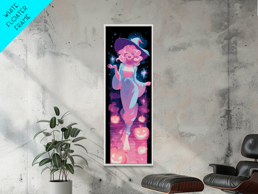 The Moonlight Pajama Witch, Cute Spooky Neon Art, Tall Narrow Wall Art, Framed Canvas Print, Retro Halloween Decor, Neon Wall Art