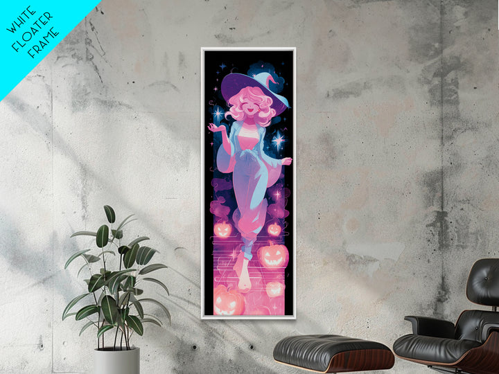 The Moonlight Pajama Witch, Cute Spooky Neon Art, Tall Narrow Wall Art, Framed Canvas Print, Retro Halloween Decor, Neon Wall Art