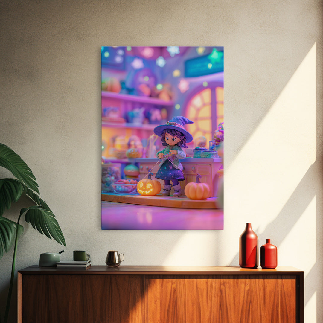 The Tiny Hat Shop Witch, Synthwave Halloween Art, Vertical Wall Art, Framed Canvas Print, Retro Halloween Decor, Neon Wall Art