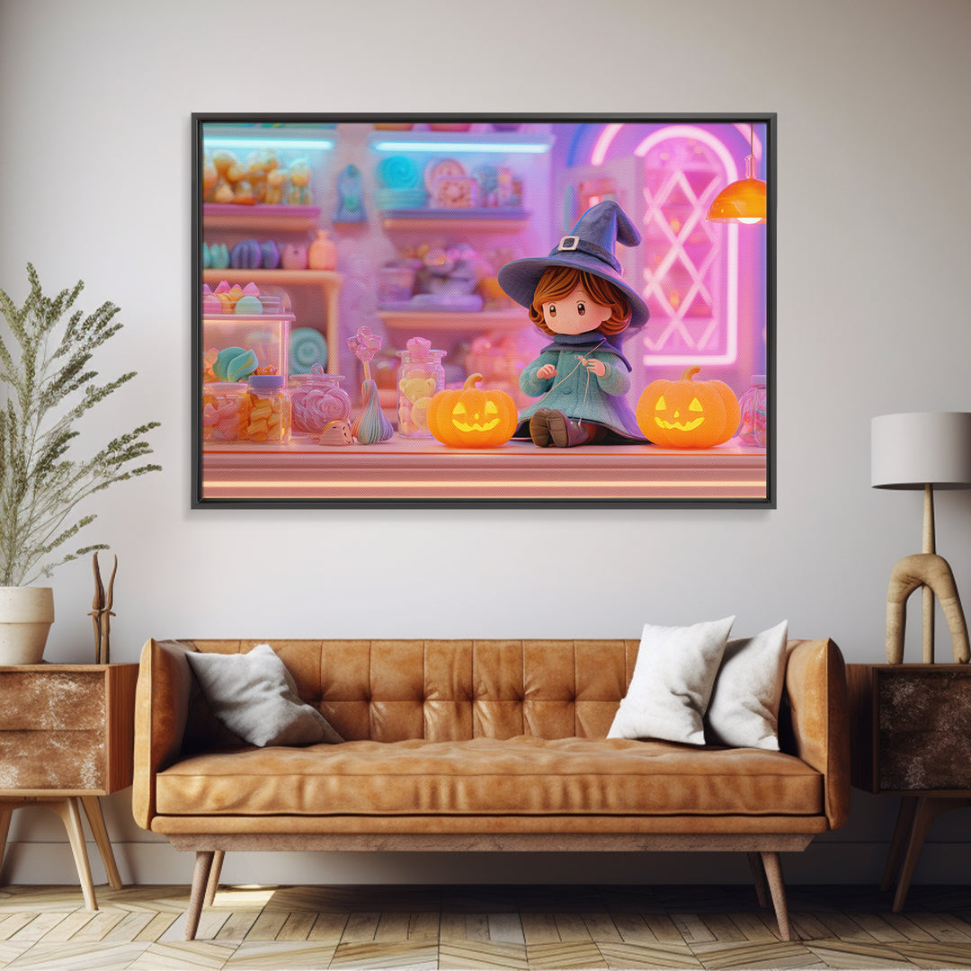 The Tiny Hat Shop Witch, Vaporwave Halloween Decor, Landscape Wall Art, Framed Canvas Print, Retro Halloween Decor, Neon Wall Art