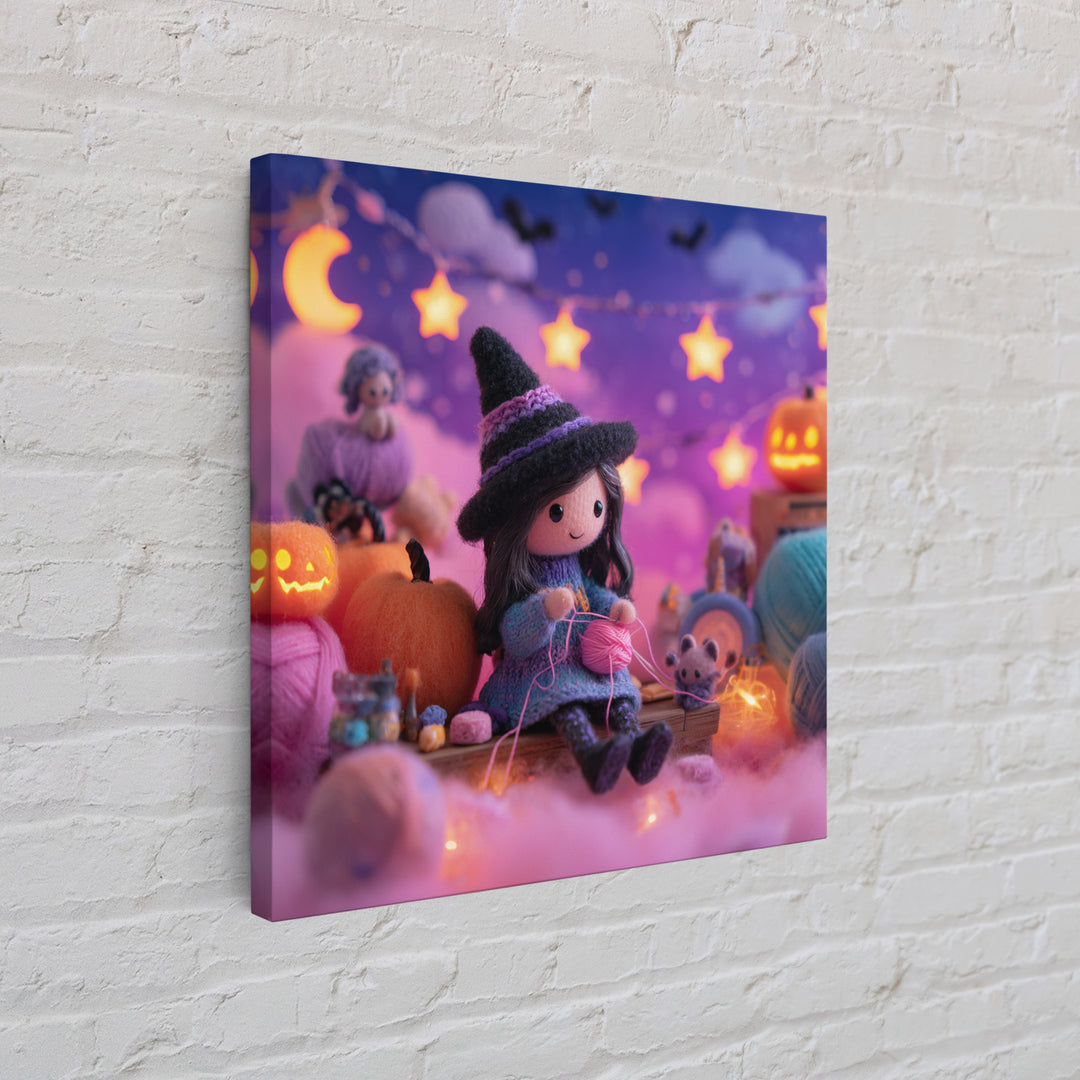 The Tiny Hat Shop Witch, Synthwave Halloween Art, Square Wall Art, Framed Canvas Print, Retro Halloween Decor, Neon Wall Art