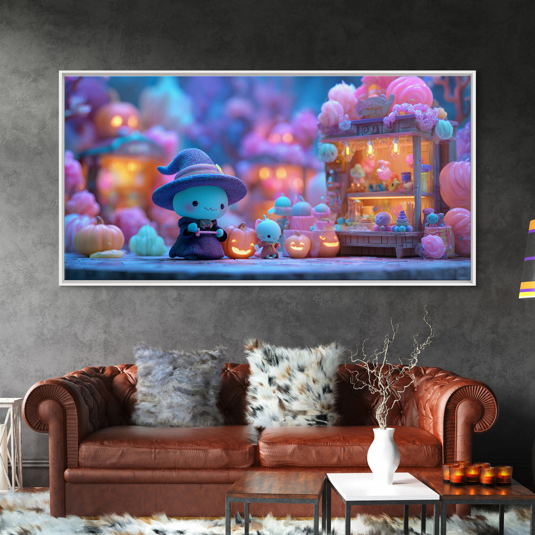 The Tiny Hat Shop Witch, Retro Neon Halloween Art, Wide Panoramic Art, Framed Canvas Print, Retro Halloween Decor, Neon Wall Art