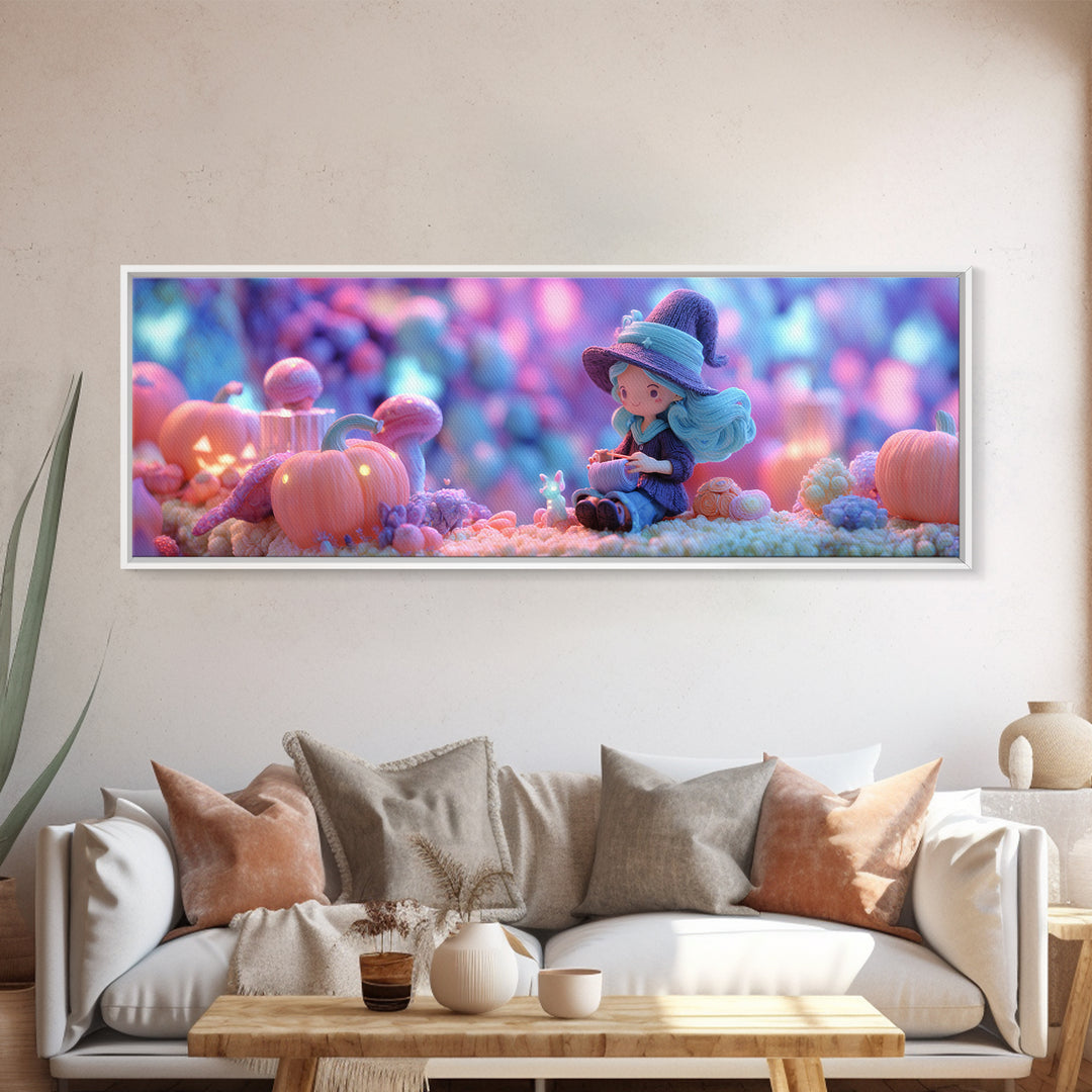 The Tiny Hat Shop Witch, Cute Spooky Neon Art, Extra Wide Wall Art, Canvas Print, Retro Halloween Decor, Neon Wall Art, Gothic Home Decor