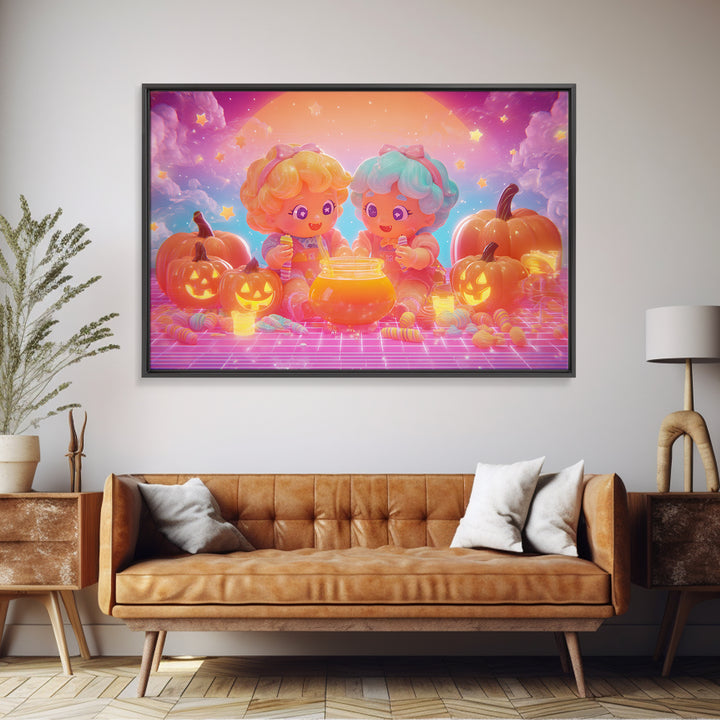 The Pumpkin Potion Twins, Cute Spooky Neon Art, Landscape Wall Art, Canvas Print, Retro Halloween Decor, Neon Wall Art
