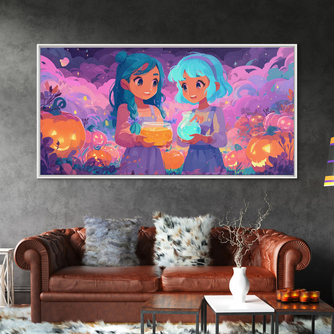 The Pumpkin Potion Twins, 80s Halloween Wall Art, Wide Panoramic Art, Canvas Print, Retro Halloween Decor, Neon Wall Art, Spooky Wall Decor