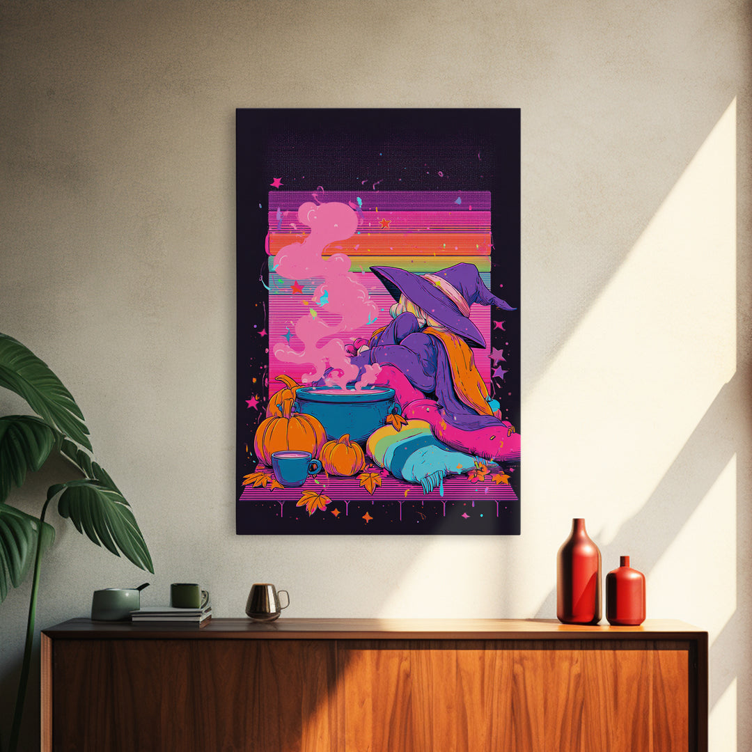 The Rainbow-Cauldron Witch, Vaporwave Halloween Decor, Vertical Wall Art, Canvas Print, Retro Halloween Decor, Neon Wall Art