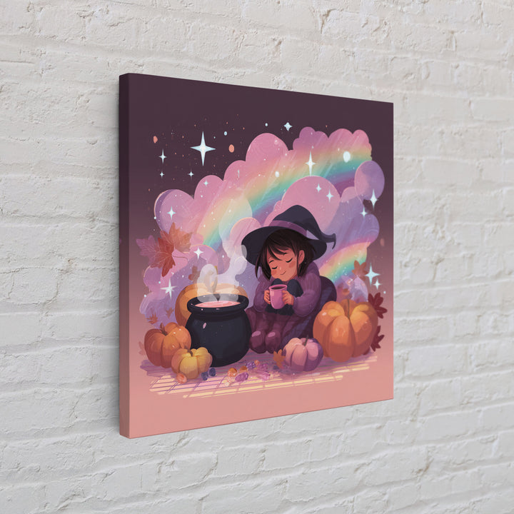 The Rainbow-Cauldron Witch, Vaporwave Halloween Decor, Square Wall Art, Framed Canvas Print, Retro Halloween Decor, Neon Wall Art