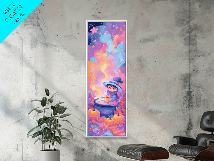 The Rainbow-Cauldron Witch, Retro Neon Halloween Art, Tall Narrow Wall Art, Framed Canvas Print, Retro Halloween Decor, Neon Wall Art
