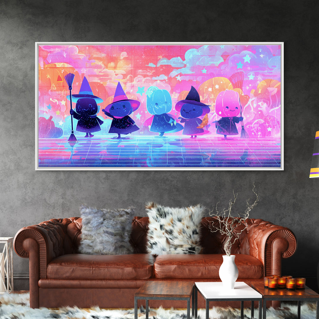 The Stardust Apprentice, Vaporwave Halloween Decor, Wide Panoramic Art, Canvas Print, Retro Halloween Decor, Neon Wall Art
