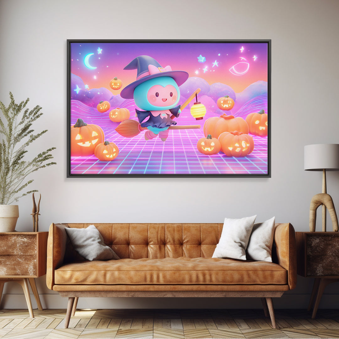 The Broomstick Riding Lesson, Synthwave Halloween Art, Landscape Wall Art, Canvas Print, Retro Halloween Decor, Neon Wall Art