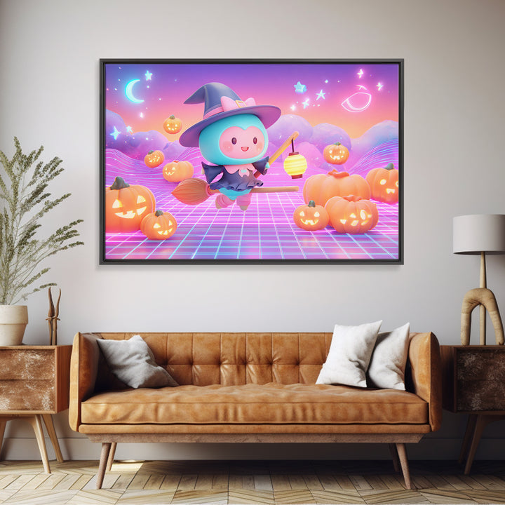 The Broomstick Riding Lesson, Synthwave Halloween Art, Landscape Wall Art, Canvas Print, Retro Halloween Decor, Neon Wall Art