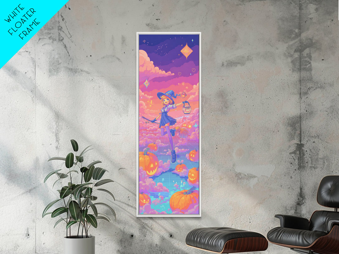 The Broomstick Riding Lesson, 80s Halloween Wall Art, Tall Narrow Wall Art, Framed Canvas Print, Retro Halloween Decor, Neon Wall Art