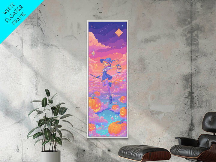 The Broomstick Riding Lesson, 80s Halloween Wall Art, Tall Narrow Wall Art, Framed Canvas Print, Retro Halloween Decor, Neon Wall Art