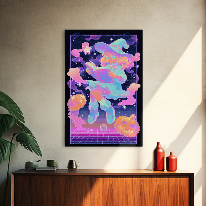 The Spellbook Sleepover, Synthwave Halloween Art, Vertical Wall Art, Canvas Print, Retro Halloween Decor, Neon Wall Art