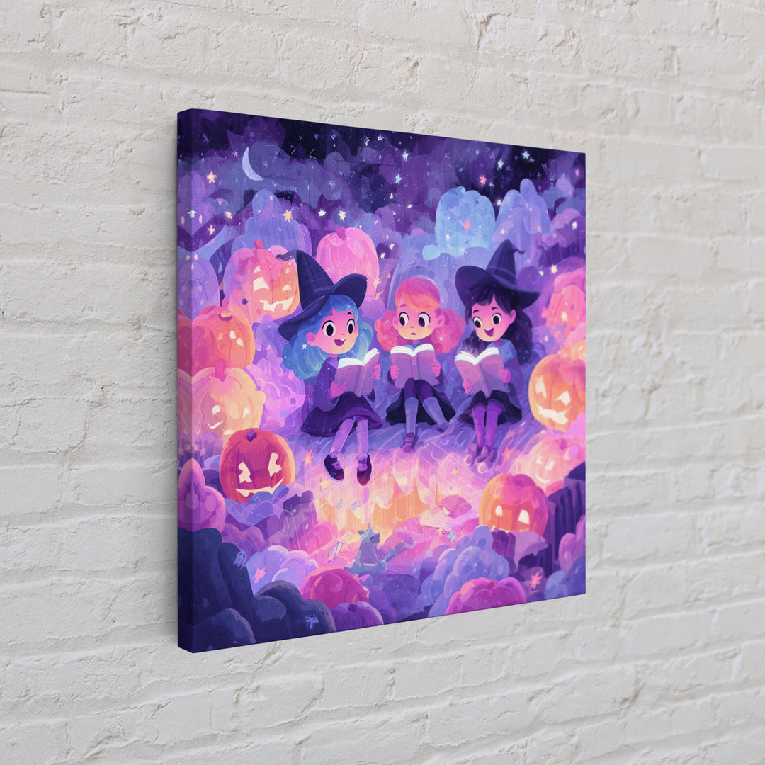 The Spellbook Sleepover, Retro Neon Halloween Art, Square Wall Art, Canvas Print, Retro Halloween Decor, Neon Wall Art, Statement Wall Art