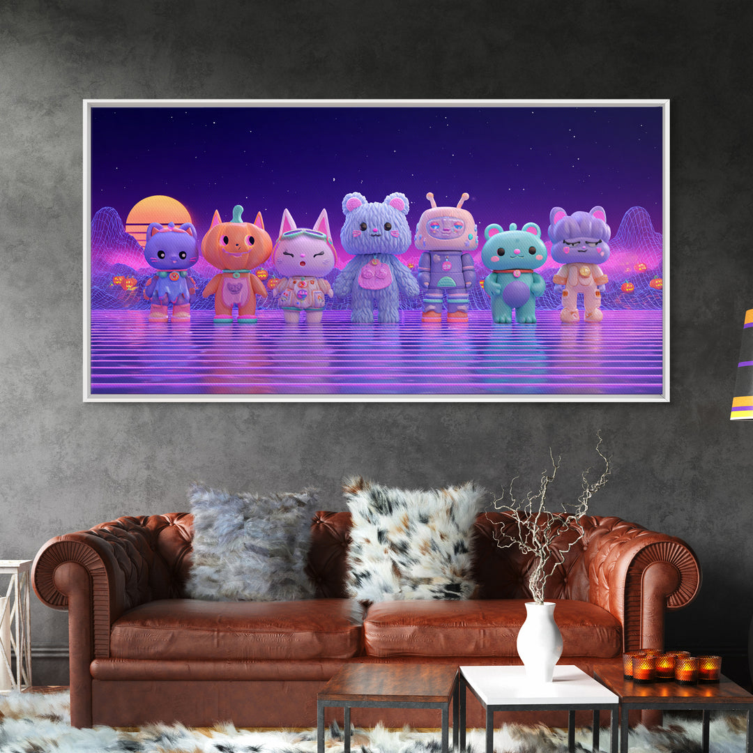 The Friendly Familiar Club, 80s Halloween Wall Art, Wide Panoramic Art, Canvas Print, Retro Halloween Decor, Neon Wall Art