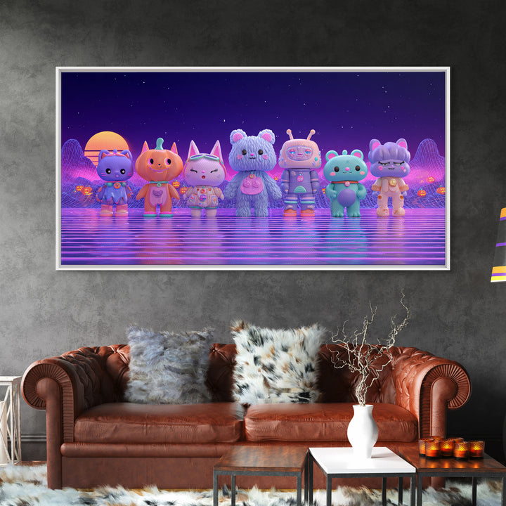 The Friendly Familiar Club, 80s Halloween Wall Art, Wide Panoramic Art, Canvas Print, Retro Halloween Decor, Neon Wall Art