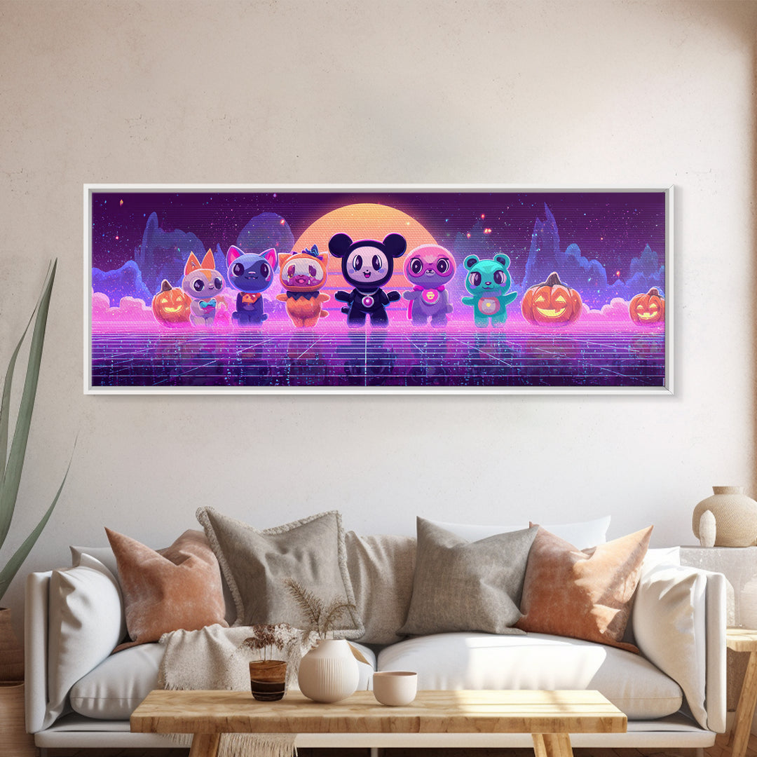 The Friendly Familiar Club, Cute Spooky Neon Art, Extra Wide Wall Art, Canvas Print, Retro Halloween Decor, Neon Wall Art