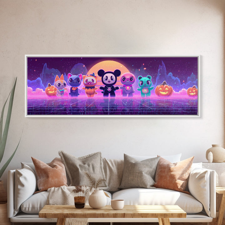 The Friendly Familiar Club, Cute Spooky Neon Art, Extra Wide Wall Art, Canvas Print, Retro Halloween Decor, Neon Wall Art