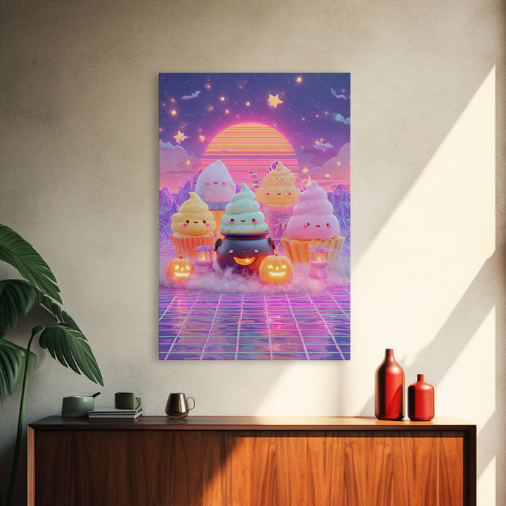 The Cupcake Cauldron Class, Vaporwave Halloween Decor, Vertical Wall Art, Canvas Print, Retro Halloween Decor, Neon Wall Art