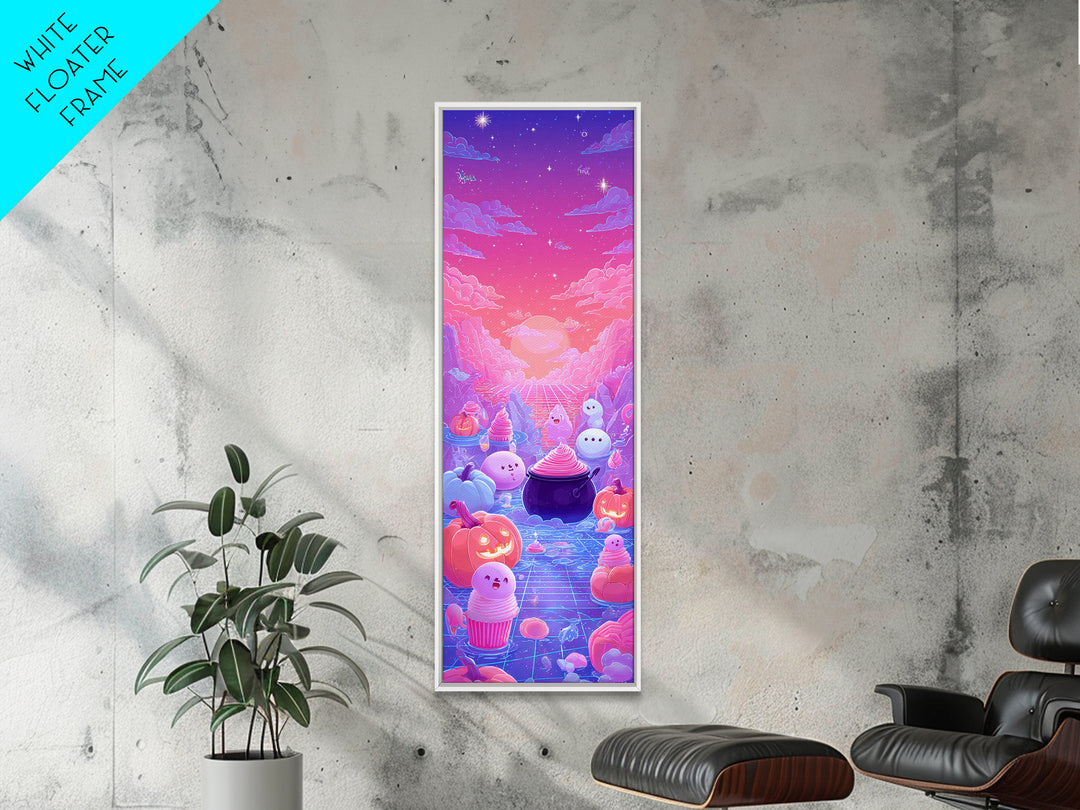 The Cupcake Cauldron Class, Synthwave Halloween Art, Tall Narrow Wall Art, Framed Canvas Print, Retro Halloween Decor, Neon Wall Art