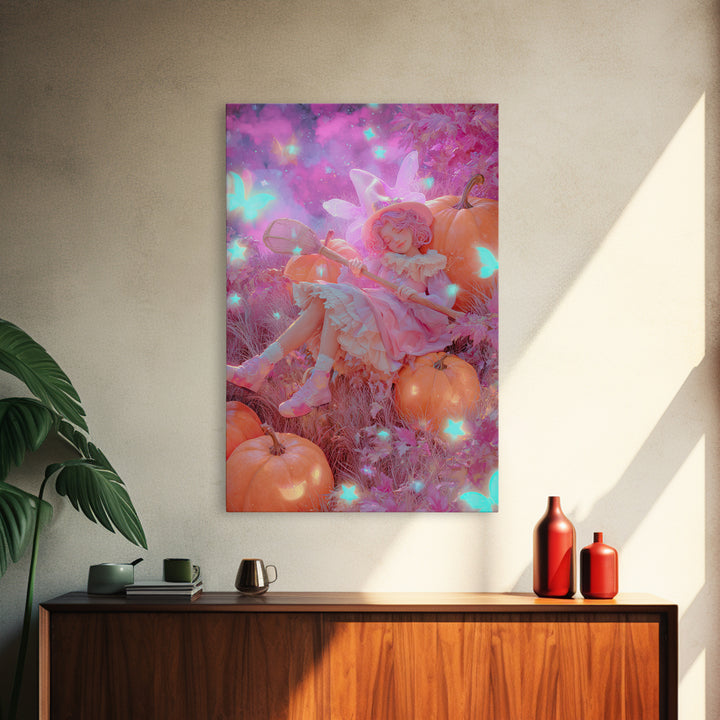 The Cloud-Catching Wizard, Retro Neon Halloween Art, Vertical Wall Art, Canvas Print, Retro Halloween Decor, Neon Wall Art