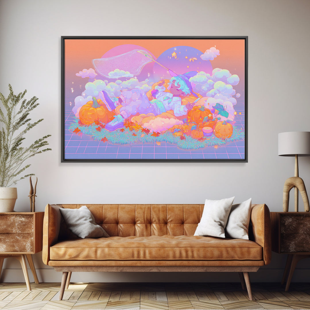 The Cloud-Catching Wizard, Cute Spooky Neon Art, Landscape Wall Art, Canvas Print, Retro Halloween Decor, Neon Wall Art