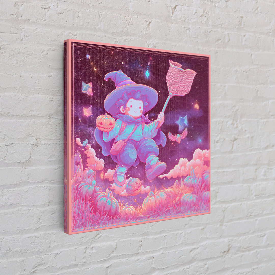 The Cloud-Catching Wizard, Retro Neon Halloween Art, Square Wall Art, Canvas Print, Retro Halloween Decor, Neon Wall Art, Horror Wall Art