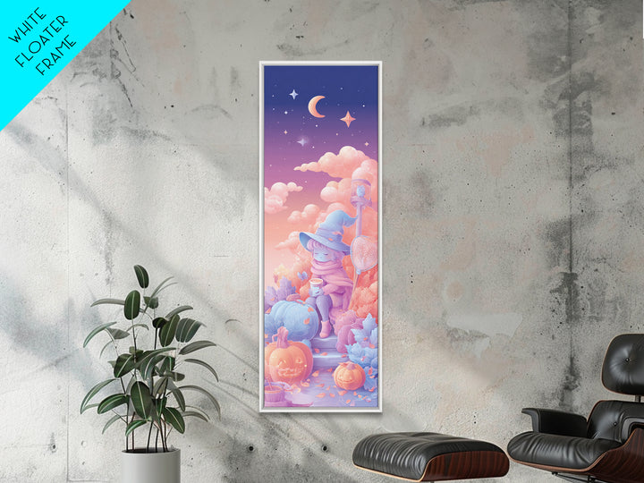 The Cloud-Catching Wizard, 80s Halloween Wall Art, Tall Narrow Wall Art, Framed Canvas Print, Retro Halloween Decor, Neon Wall Art
