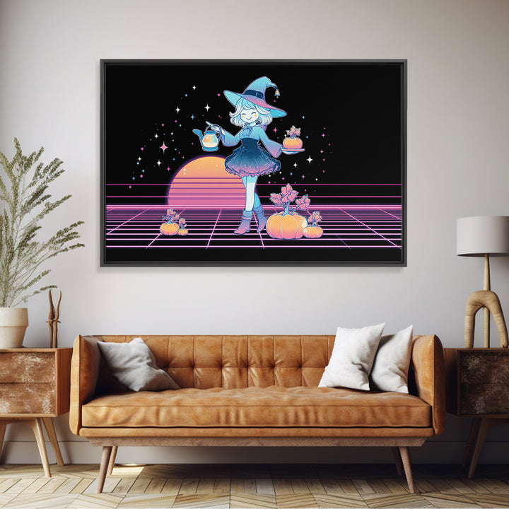 The Moon Garden Witch, Cute Spooky Neon Art, Landscape Wall Art, Canvas Print, Retro Halloween Decor, Neon Wall Art, Horror Wall Art