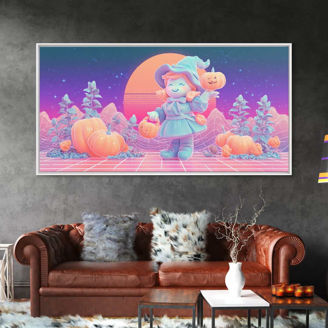 The Moon Garden Witch, Synthwave Halloween Art, Wide Panoramic Art, Framed Canvas Print, Retro Halloween Decor, Neon Wall Art
