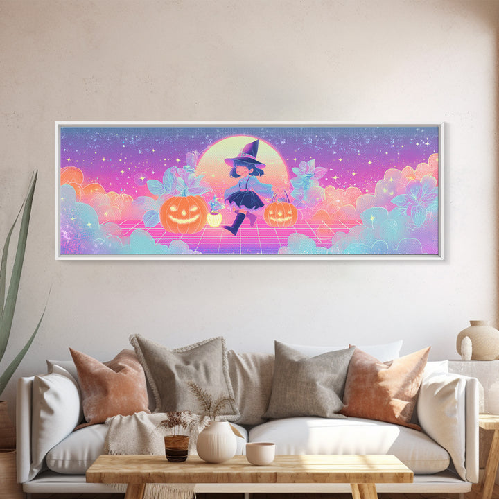The Moon Garden Witch, 80s Halloween Wall Art, Extra Wide Wall Art, Framed Canvas Print, Retro Halloween Decor, Neon Wall Art