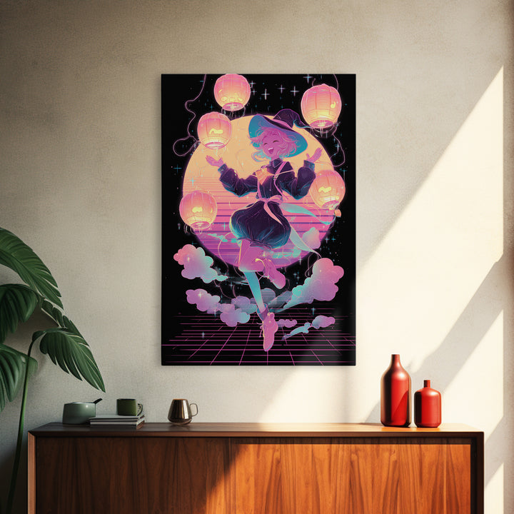 The Lantern-Light Wizard, Cute Spooky Neon Art, Vertical Wall Art, Framed Canvas Print, Retro Halloween Decor, Neon Wall Art