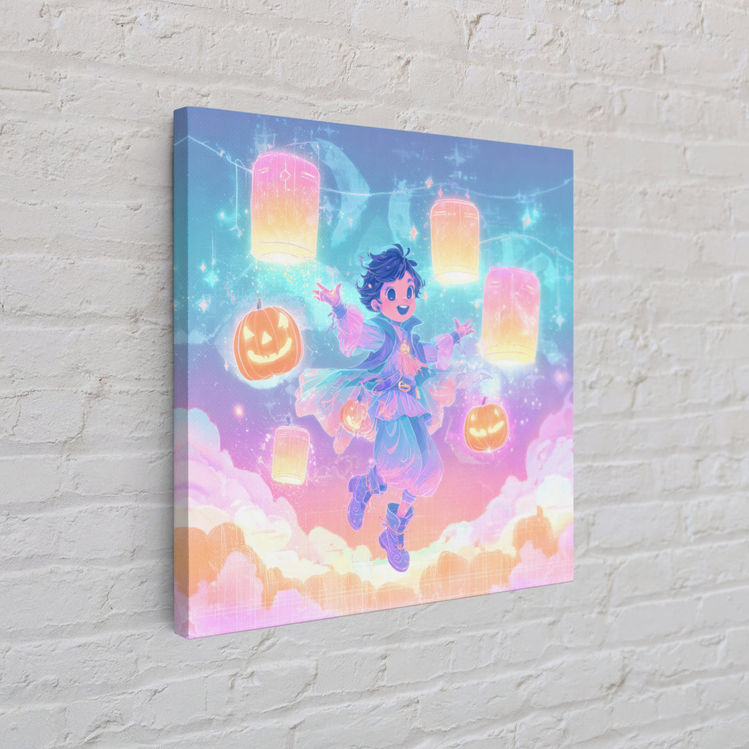The Lantern-Light Wizard, Synthwave Halloween Art, Square Wall Art, Framed Canvas Print, Retro Halloween Decor, Neon Wall Art