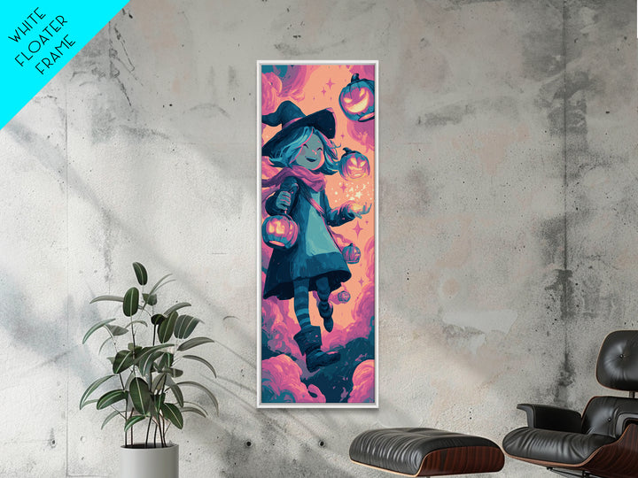 The Lantern-Light Wizard, 80s Halloween Wall Art, Tall Narrow Wall Art, Framed Canvas Print, Retro Halloween Decor, Neon Wall Art