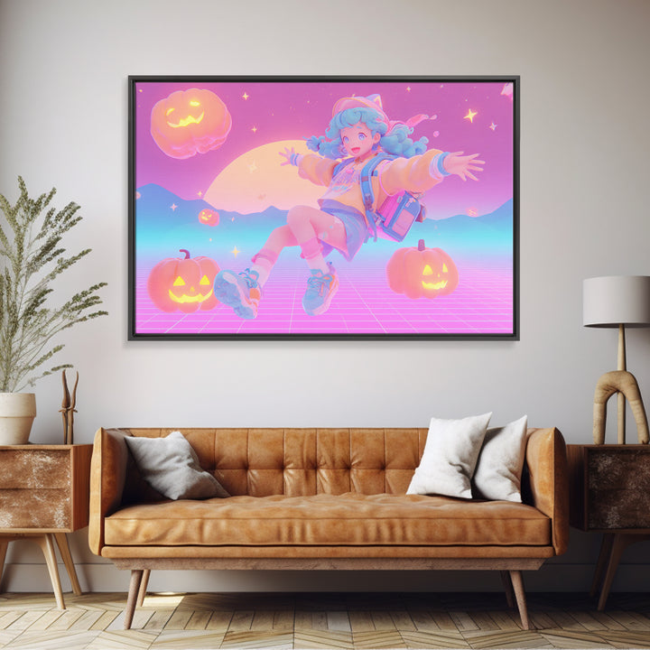 The Candy Map Adventurers, Retro Neon Halloween Art, Landscape Wall Art, Framed Canvas Print, Retro Halloween Decor, Neon Wall Art