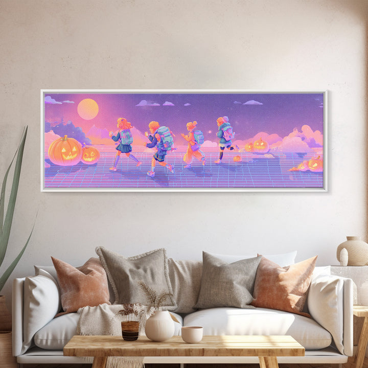 The Candy Map Adventurers, Cute Spooky Neon Art, Extra Wide Wall Art, Canvas Print, Retro Halloween Decor, Neon Wall Art, Gothic Home Decor
