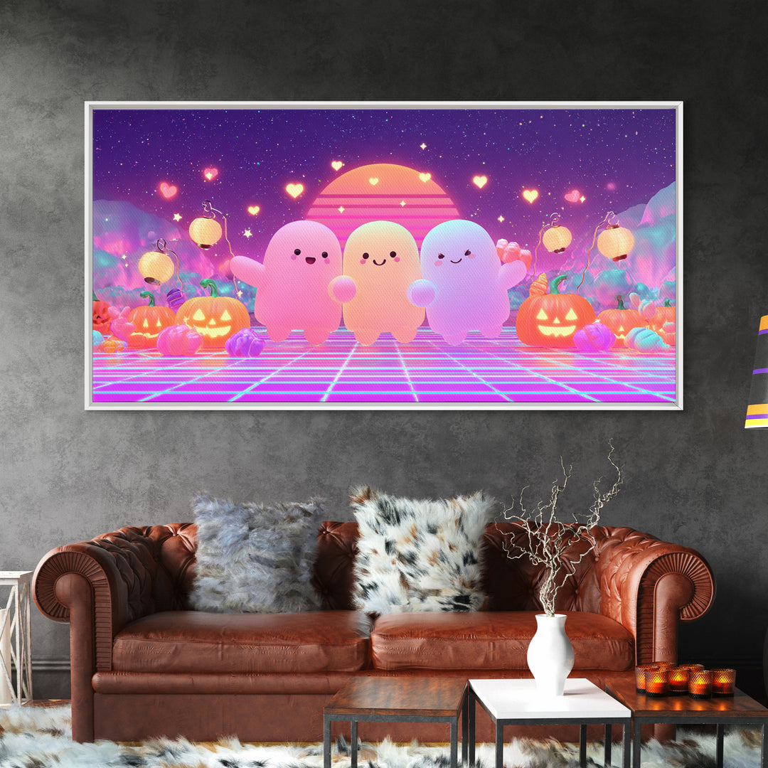 The Halloween Friendship Spell, 80s Halloween Wall Art, Wide Panoramic Art, Canvas Print, Retro Halloween Decor, Neon Wall Art