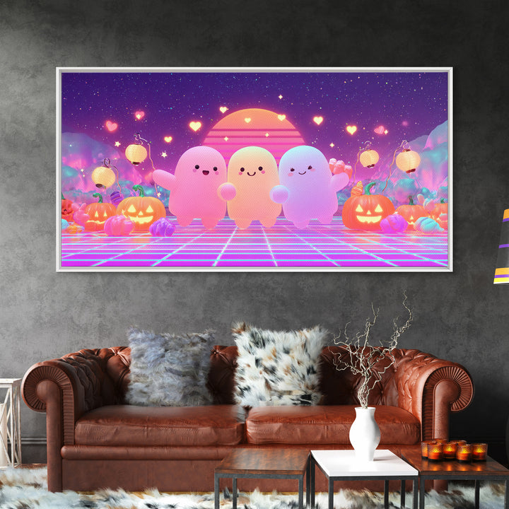 The Halloween Friendship Spell, 80s Halloween Wall Art, Wide Panoramic Art, Canvas Print, Retro Halloween Decor, Neon Wall Art