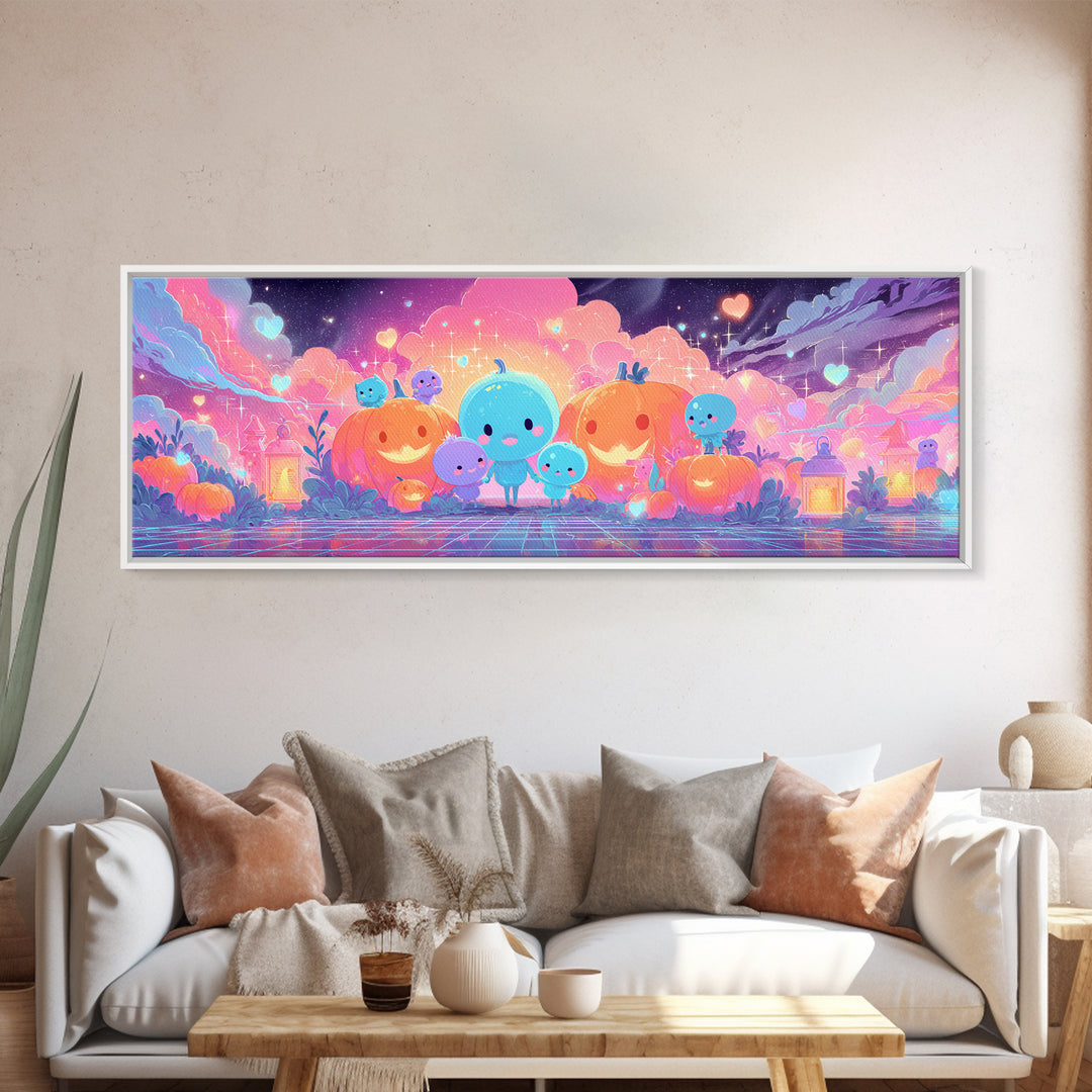 The Halloween Friendship Spell, Retro Neon Halloween Art, Extra Wide Wall Art, Canvas Print, Retro Halloween Decor, Neon Wall Art