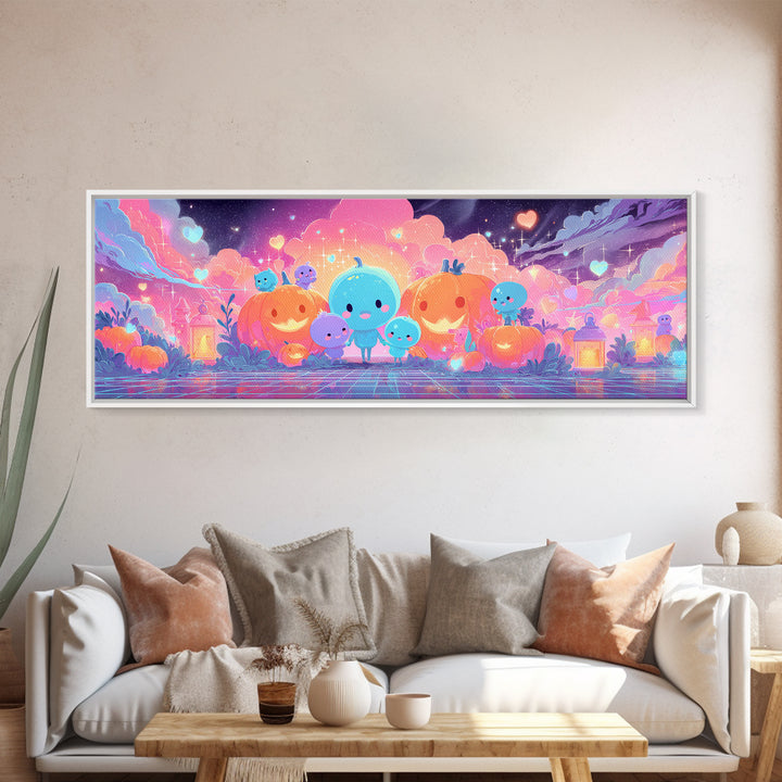 The Halloween Friendship Spell, Retro Neon Halloween Art, Extra Wide Wall Art, Canvas Print, Retro Halloween Decor, Neon Wall Art